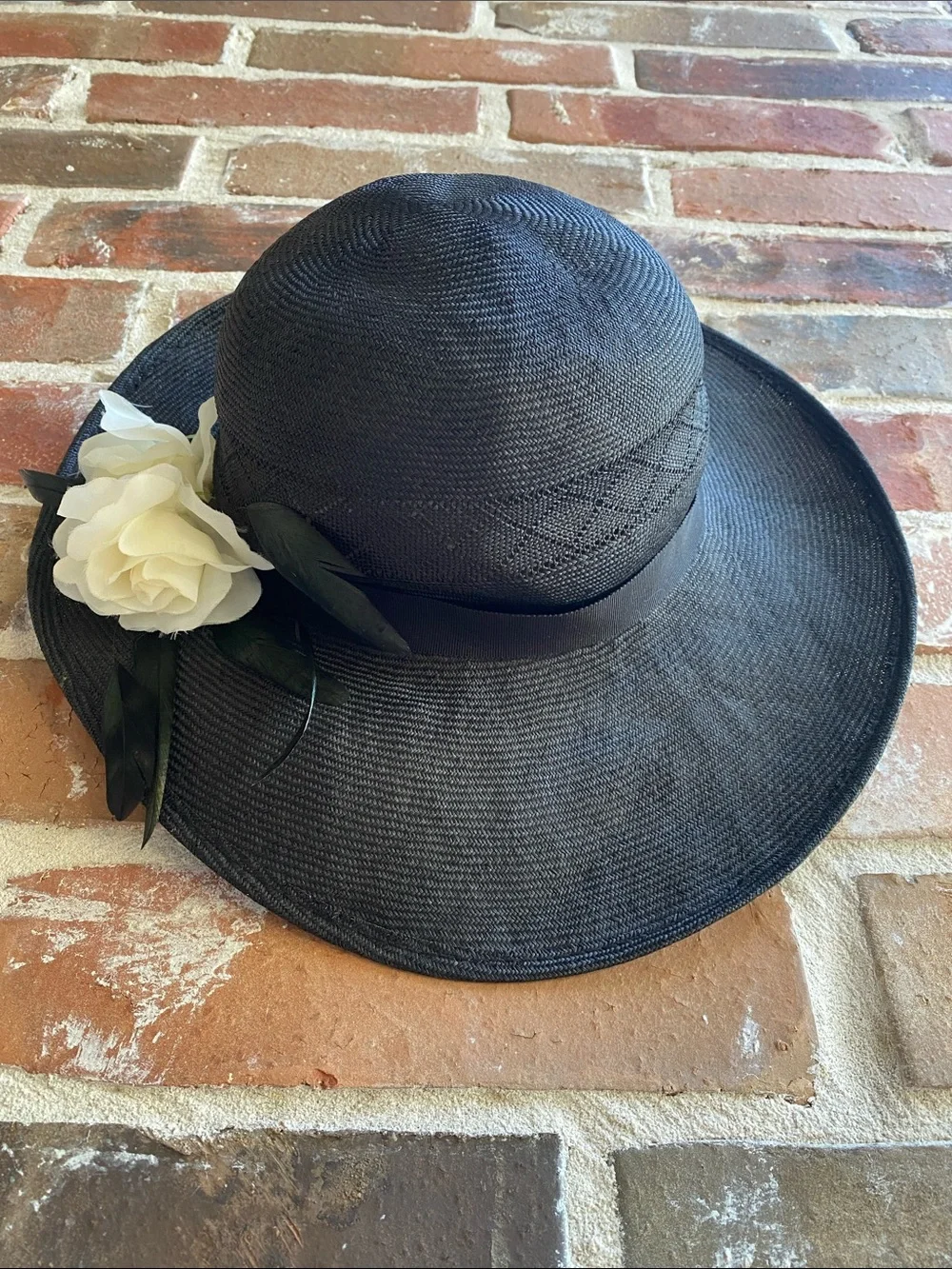 Vintage Miss Bierner Black Wide-Brim Dress Hat with Floral & Feather Accent